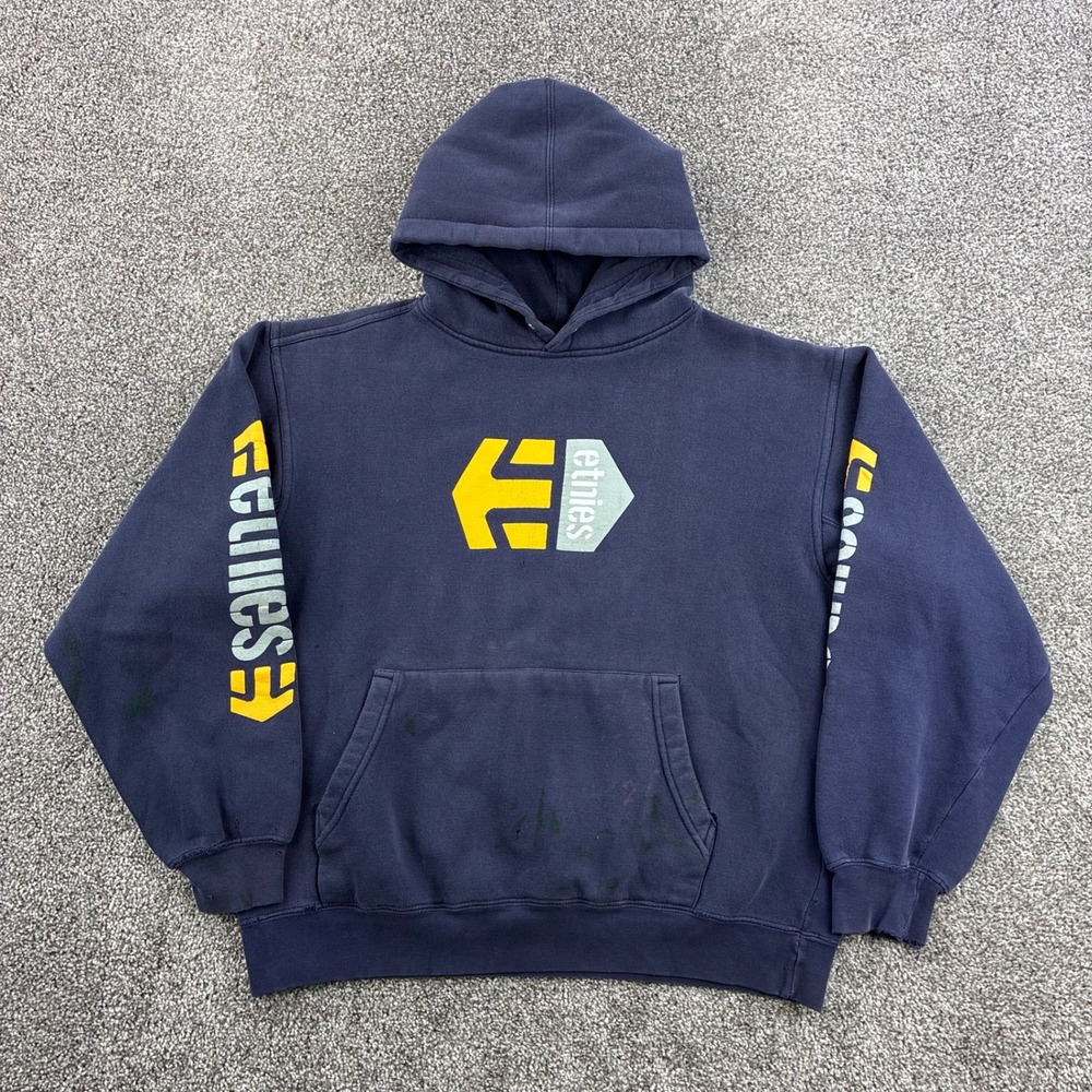 Vintage Etnies Hoodie Mens Medium Blue Sleeve Logo Faded Skate Skateboard